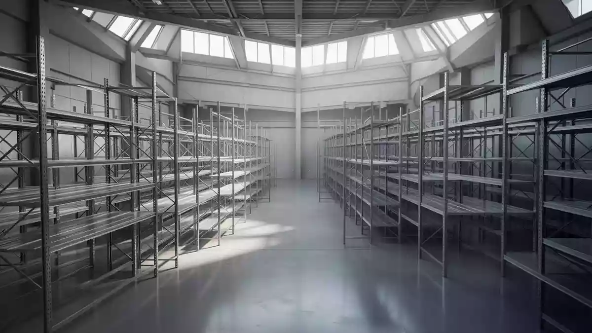 Ein minimalistisches, menschenleeres Logistiklager mit hohen Stahlregalen und natürlichem Lichteinfall. Illustration mit AI erstellt.