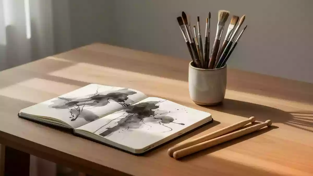 Ein minimalistischer Schreibtisch mit einem Skizzenbuch, Pinseln und Trommelstöcken bei natürlichem Tageslicht. Illustration mit AI erstellt.