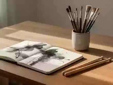 Ein minimalistischer Schreibtisch mit einem Skizzenbuch, Pinseln und Trommelstöcken bei natürlichem Tageslicht. - Foto: über boerse-global.de
