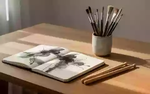 Ein minimalistischer Schreibtisch mit einem Skizzenbuch, Pinseln und Trommelstöcken bei natürlichem Tageslicht. - Foto: über boerse-global.de