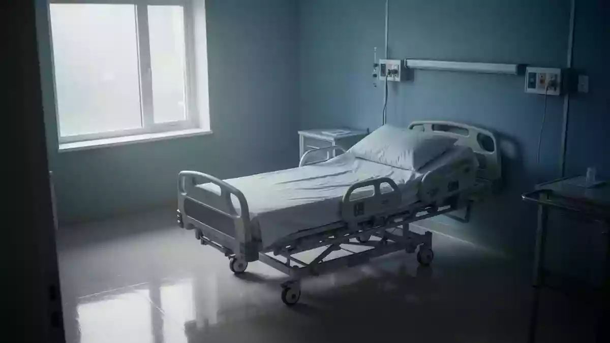 Ein minimalistisches, leeres Krankenzimmer mit weichem Tageslicht und neutralen Farben. Illustration mit AI erstellt.