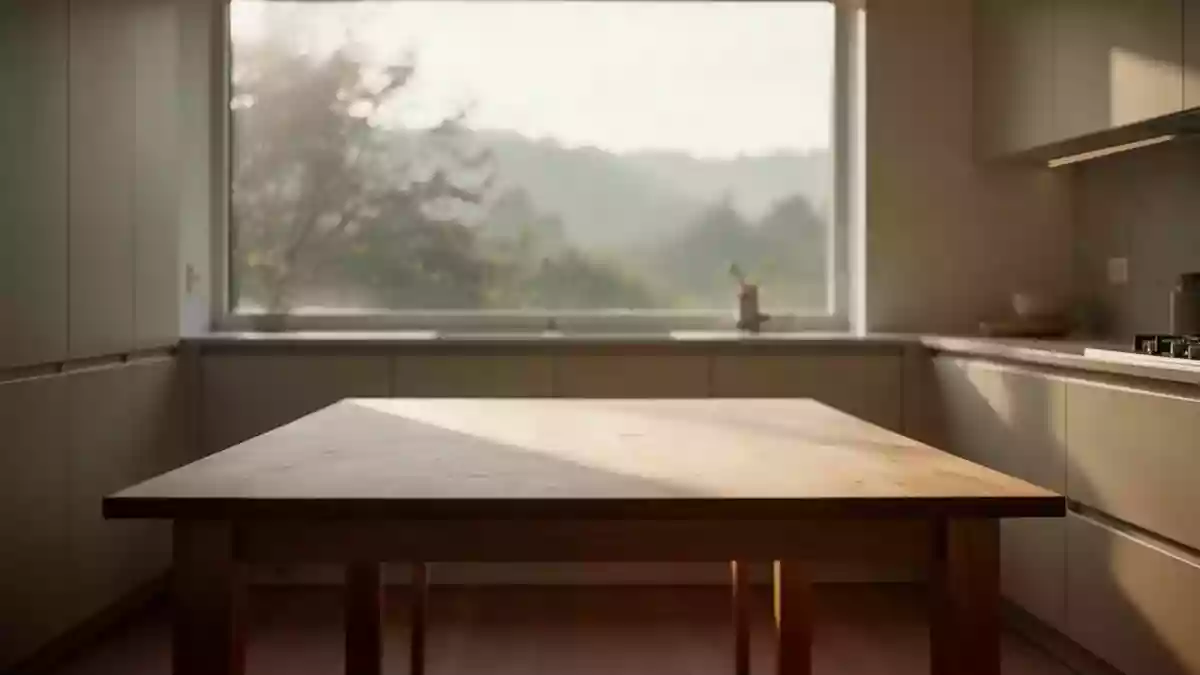 Ein minimalistisch eingerichteter, sonnendurchfluteter Küchenbereich an einem ruhigen Wochenende, der eine ruhige Atmosphäre vermittelt. Illustration mit AI erstellt.