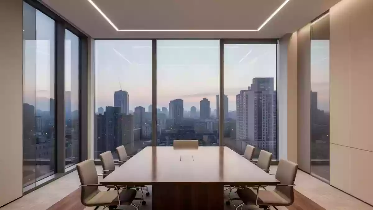 Ein minimalistisch gestalteter, leerer Konferenzraum mit großen Fensterfronten in einem modernen Bürogebäude bei Dämmerung. Illustration mit AI erstellt.