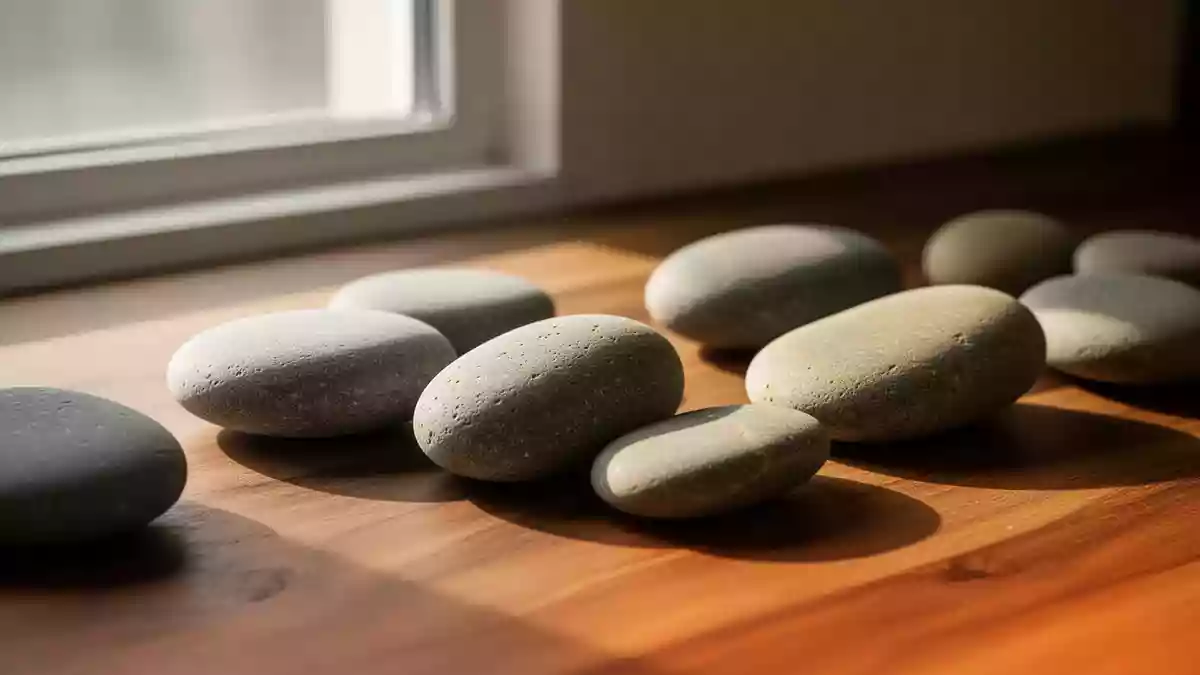 Glatte, abgerundete Steine auf einer Holzoberfläche in warmem, natürlichem Licht zur Symbolisierung von Entspannung und Therapie. Illustration mit AI erstellt.