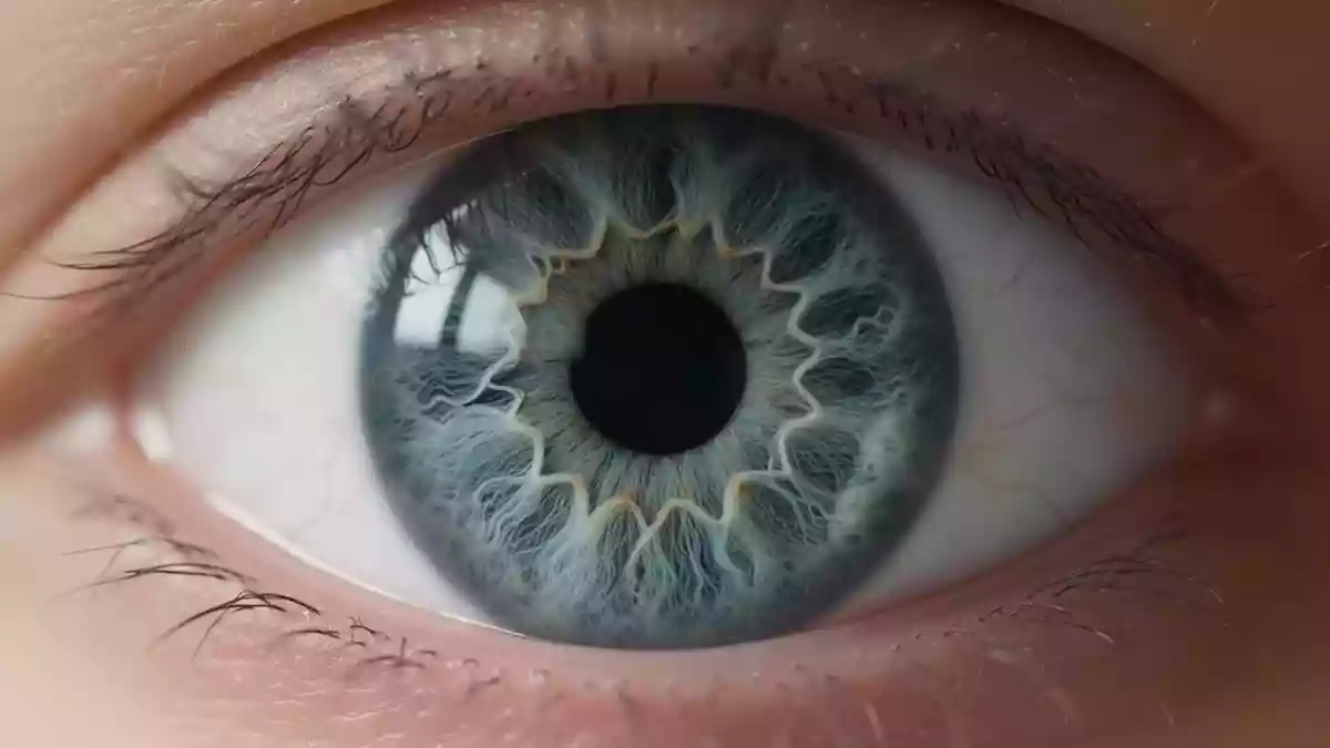 Detailaufnahme einer menschlichen Iris bei natürlichem Licht, Fokus auf die komplexen Strukturen des Auges. Illustration mit AI erstellt.