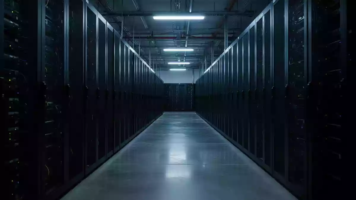 Ein langer, menschenleerer Gang in einem Rechenzentrum mit hoch aufragenden, dunklen Server-Racks in kühler Beleuchtung. Illustration mit AI erstellt.
