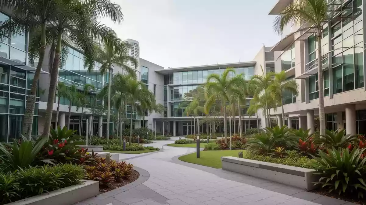 Ein moderner Universitätscampus an der Gold Coast mit befestigten Fußwegen und zeitgenössischer Architektur. Illustration mit AI erstellt.
