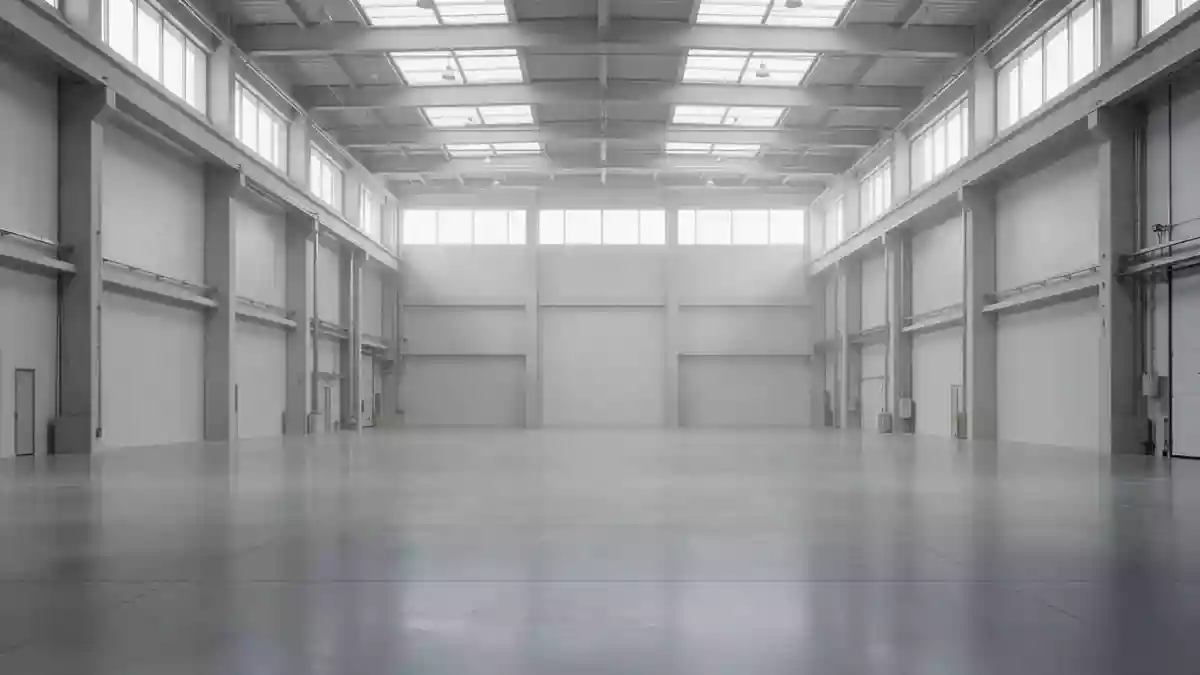 Eine weitläufige, leere Industriehalle mit poliertem Betonboden und minimalistischer Architektur bei diffusem Tageslicht. Illustration mit AI erstellt.