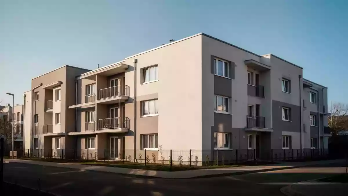 Ein modernes Wohngebäude bei Tageslicht, das den Kontext von Wohnkosten und Unterbringung symbolisiert. Illustration mit AI erstellt.