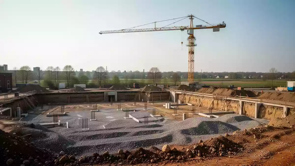 Baustelle für ein Wohnbauprojekt in Moosburg mit Baggerarbeiten und einem Baukran vor einem freien Himmel. Illustration mit AI erstellt.