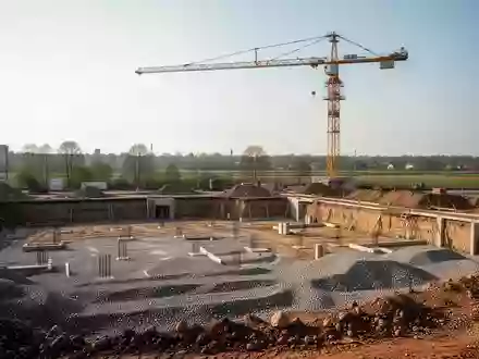 Baustelle für ein Wohnbauprojekt in Moosburg mit Baggerarbeiten und einem Baukran vor einem freien Himmel. - Foto: über boerse-global.de