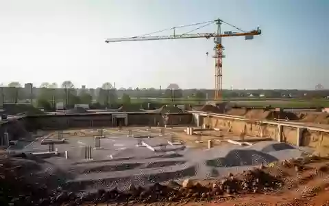 Baustelle für ein Wohnbauprojekt in Moosburg mit Baggerarbeiten und einem Baukran vor einem freien Himmel. - Foto: über boerse-global.de
