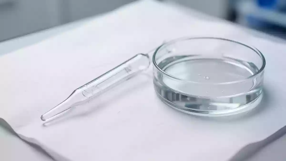 Laborausrüstung mit Pipette und Petrischale auf einem sterilen Labortisch für medizinische Forschung. Illustration mit AI erstellt.