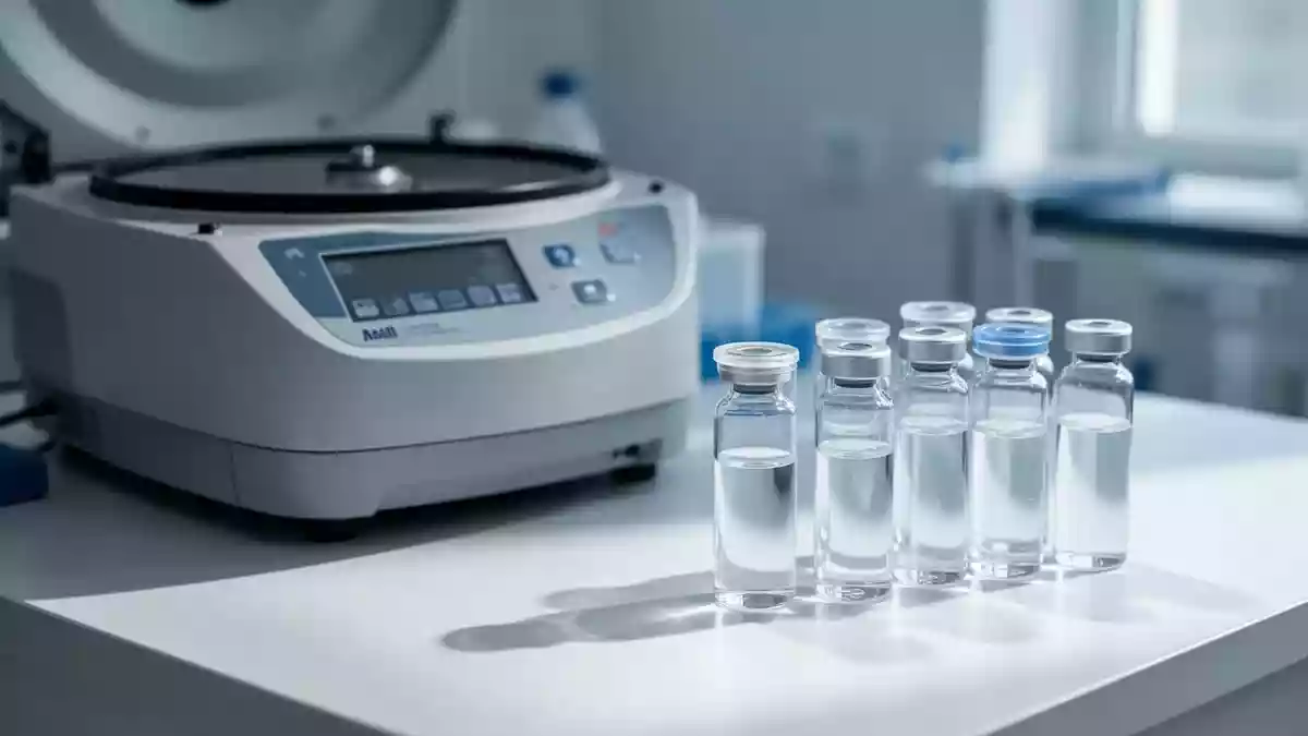 Laborumgebung mit medizinischen Probengefäßen und einer Zentrifuge für die klinische Analytik. Illustration mit AI erstellt.