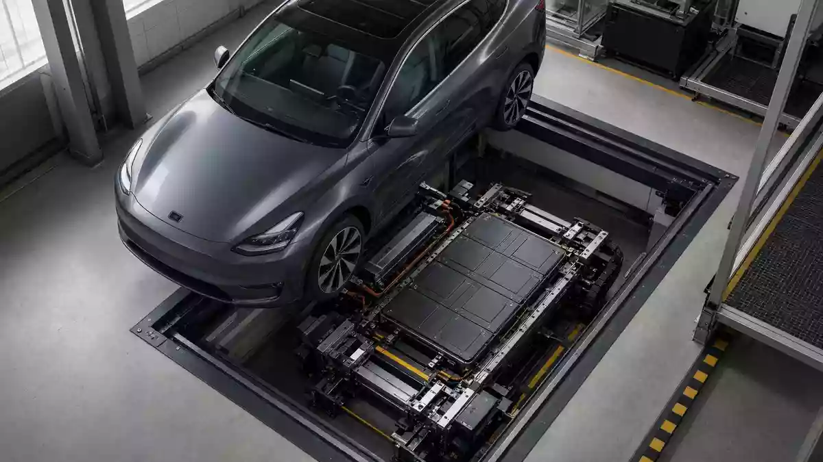 Ein Elektroauto steht in einer modernen Batteriewechselstation in einer industriellen Anlage. Illustration mit AI erstellt.