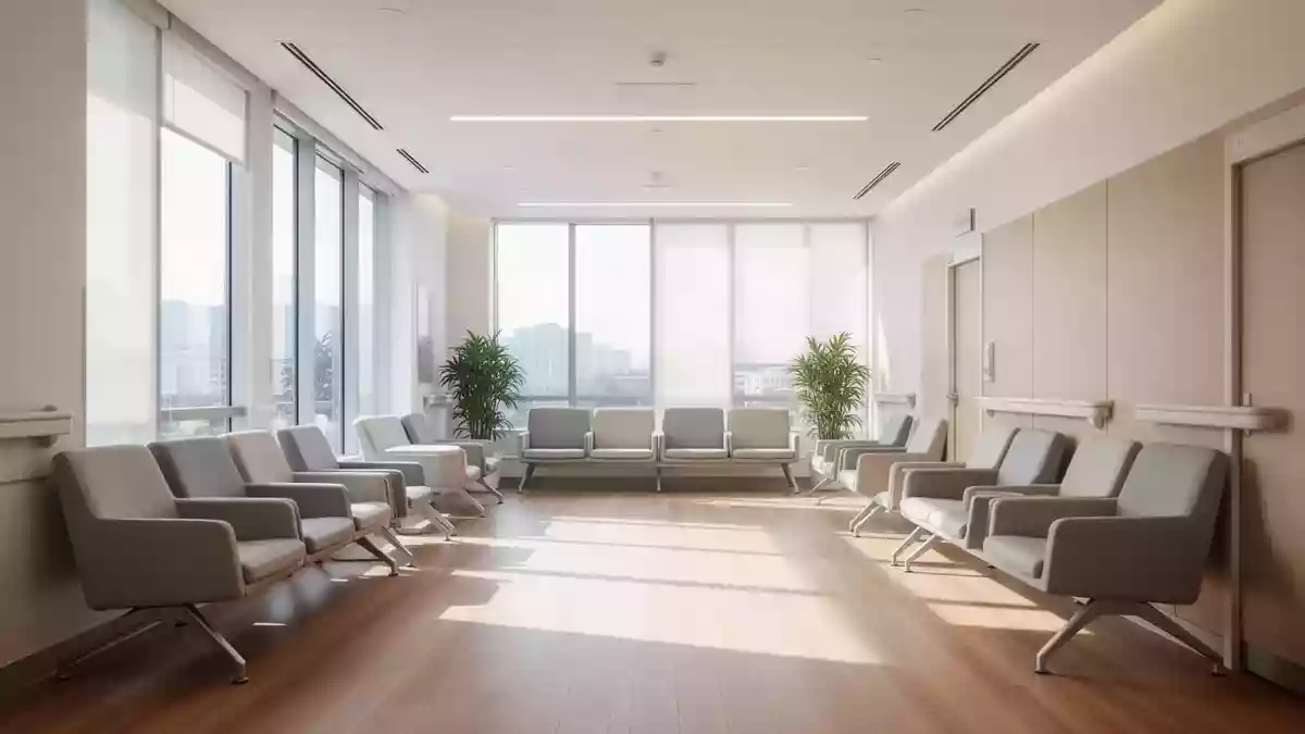Moderner, lichtdurchfluteter Wartebereich in einem Krankenhaus mit minimalistischer Architektur und Holzboden. Illustration mit AI erstellt.