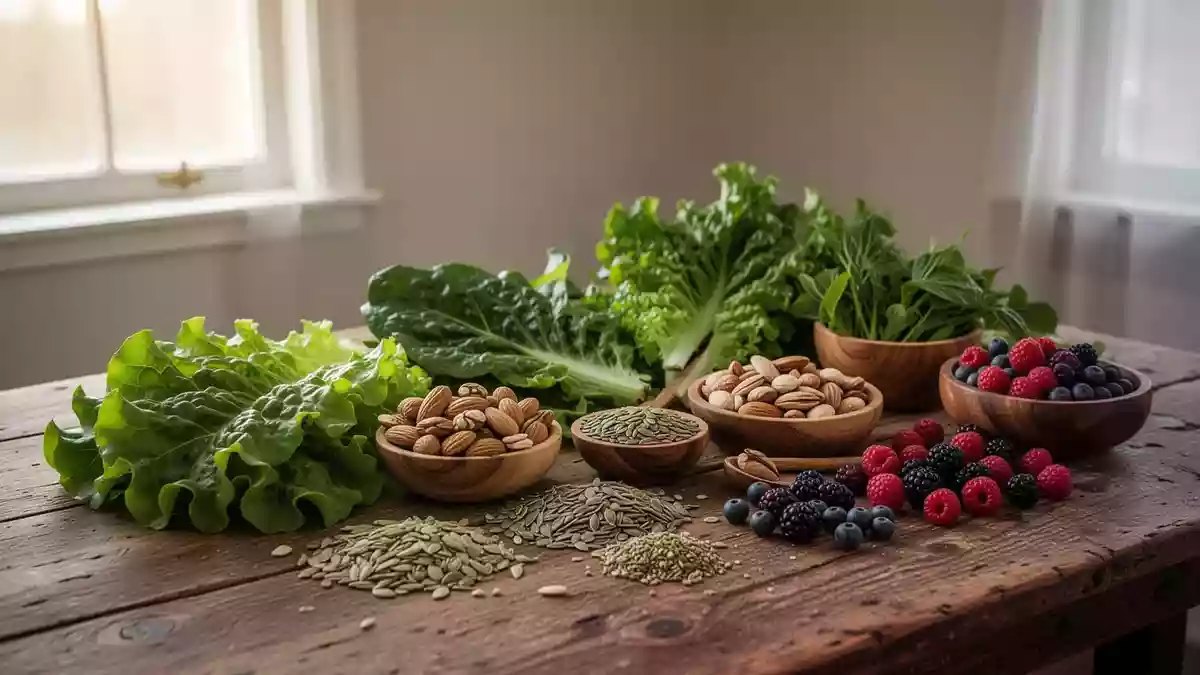 Frische, unverarbeitete Lebensmittel wie Blattgemüse, Nüsse und Beeren auf einem Holztisch bei natürlichem Tageslicht. Illustration mit AI erstellt.