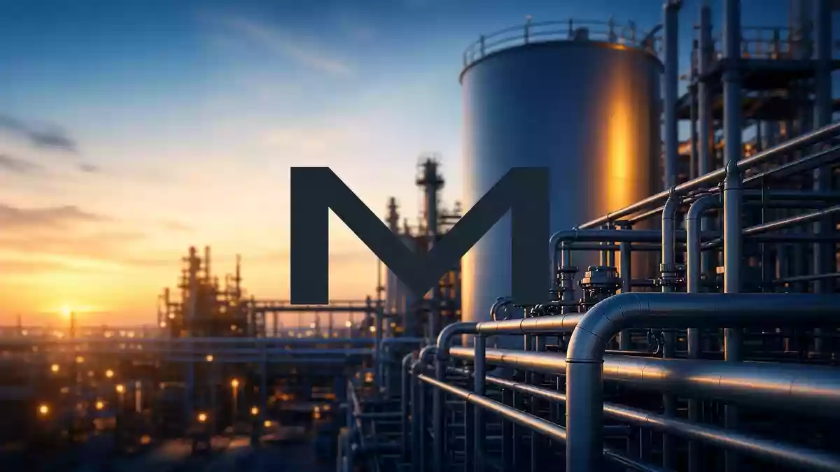 Moderne industrielle Gasanlagen in einer professionellen, atmosphärischen Aufnahme bei Sonnenuntergang. Illustration mit AI erstellt.