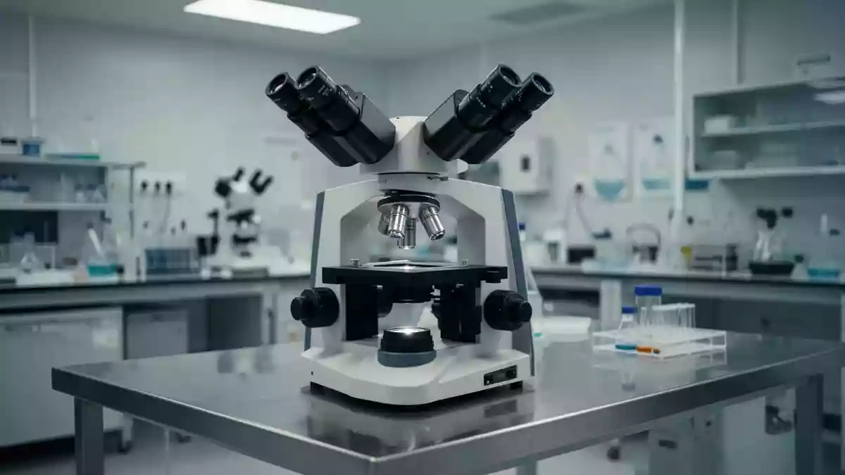 Ein steriles, hochmodernes biomedizinisches Labor mit einem Lichtmikroskop auf einer Edelstahlarbeitsfläche. Illustration mit AI erstellt.