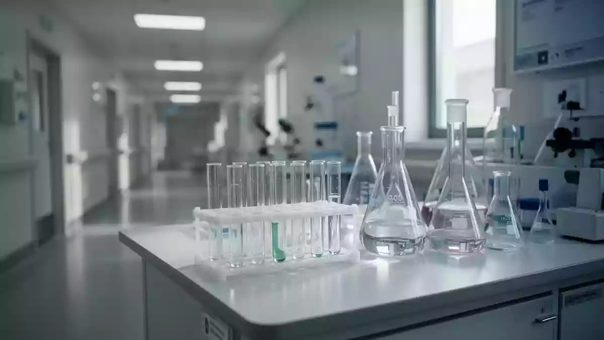 Sauberes, modernes medizinisches Labor mit wissenschaftlichen Glasgeräten auf einem Labortisch. Illustration mit AI erstellt.