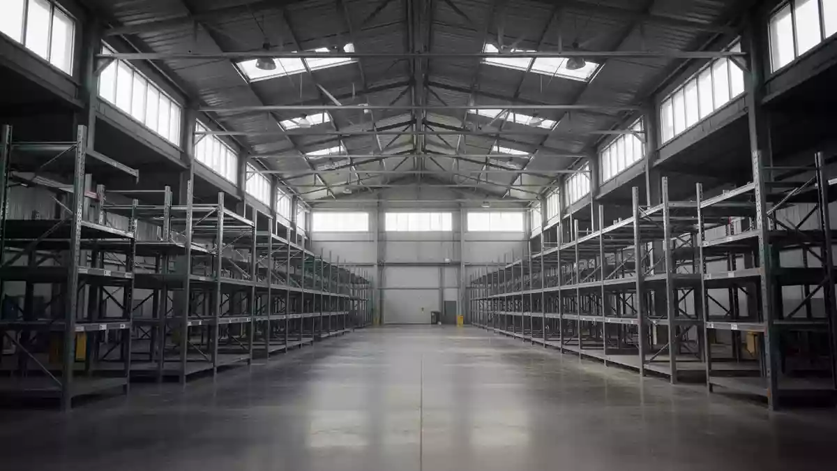 Leere, industriell genutzte Lagerhalle mit hohen Regalen und Betonboden in einer sachlichen Architekturaufnahme. Illustration mit AI erstellt.
