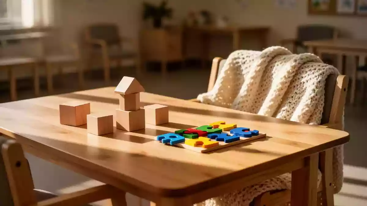Ein sonnendurchfluteter Tisch mit Holzspielzeug und Puzzleteilen in einem ruhigen Gemeinschaftsraum. Illustration mit AI erstellt.