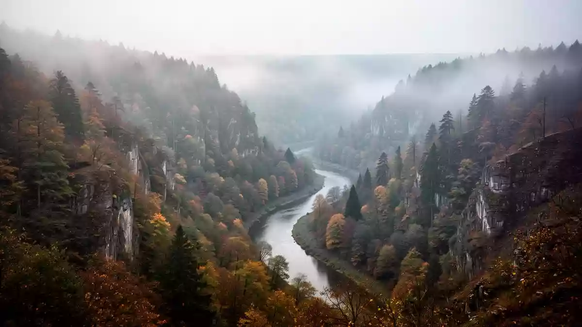 Neblige Hügellandschaft und ein bewaldetes Flusstal in Rheinland-Pfalz bei natürlichem Morgenlicht. Illustration mit AI erstellt.