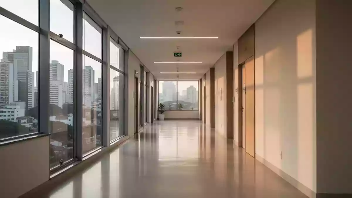 Ein heller, moderner Klinikflur in São Paulo mit natürlichem Lichteinfall und minimalistischer Architektur. Illustration mit AI erstellt.