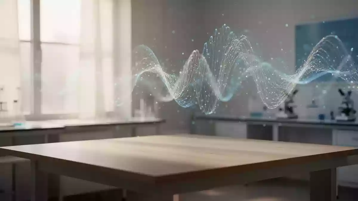 Ein minimalistischer, heller Laborraum mit weichem Licht und abstrakten Lichtschwingungen im Hintergrund. Illustration mit AI erstellt.