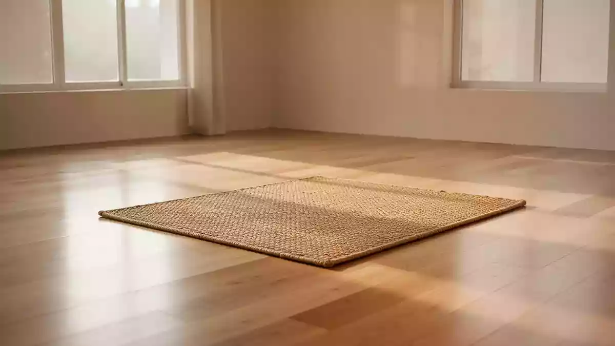 Eine leere, sonnendurchflutete Yogamatte auf einem hellen Holzboden in einem minimalistischen Raum. Illustration mit AI erstellt.