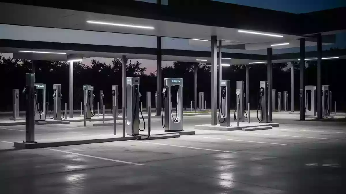 Eine moderne, menschenleere Ladestation für Elektrofahrzeuge bei Dämmerung mit minimalistischen Ladesäulen auf einem Betonplatz. Illustration mit AI erstellt.
