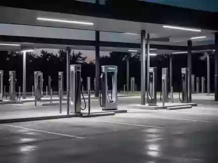 Eine moderne, menschenleere Ladestation für Elektrofahrzeuge bei Dämmerung mit minimalistischen Ladesäulen auf einem Betonplatz. - Foto: über boerse-global.de