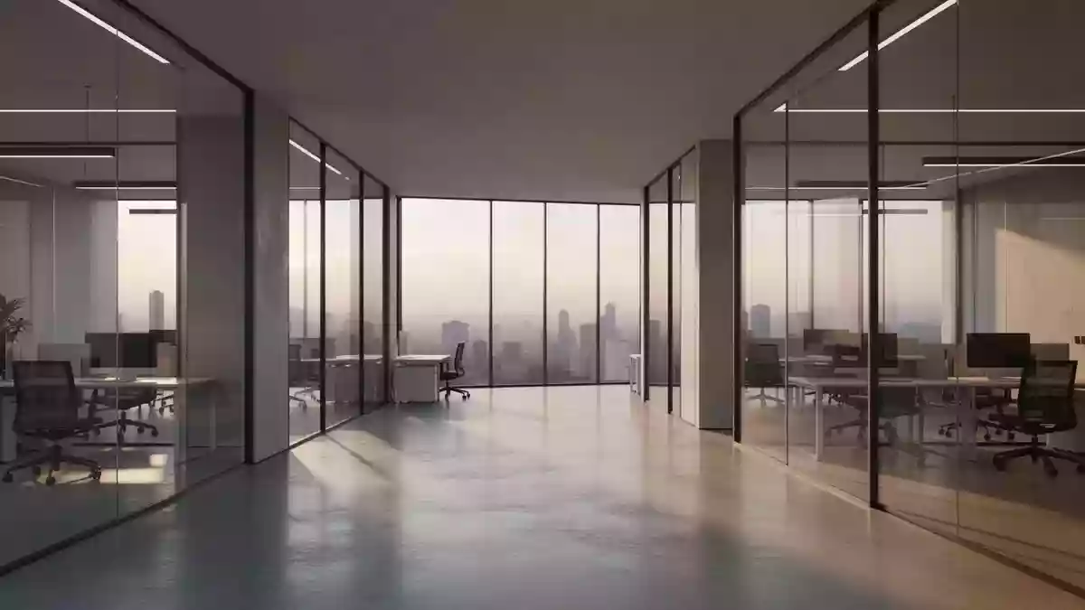 Ein minimalistisches, modernes Büro-Interieur mit klaren architektonischen Linien und sanftem Tageslicht. Illustration mit AI erstellt.