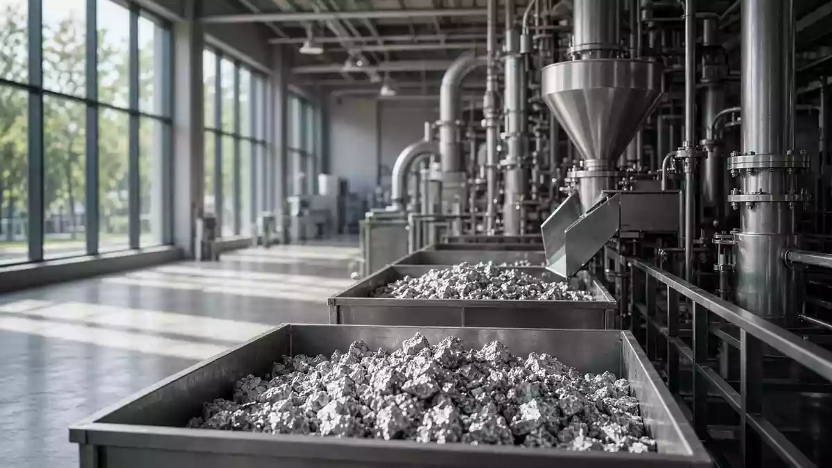 Moderne industrielle Anlage zur Lithiumverarbeitung mit metallischen Behältern und technischer Ausrüstung. Illustration mit AI erstellt.