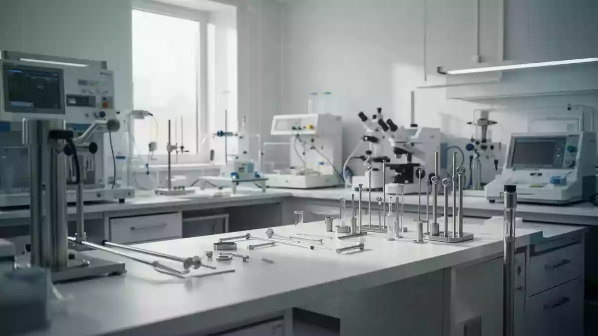 Ein heller, steriler klinischer Laborraum mit medizinischen Geräten und neutralem Licht. Illustration mit AI erstellt.