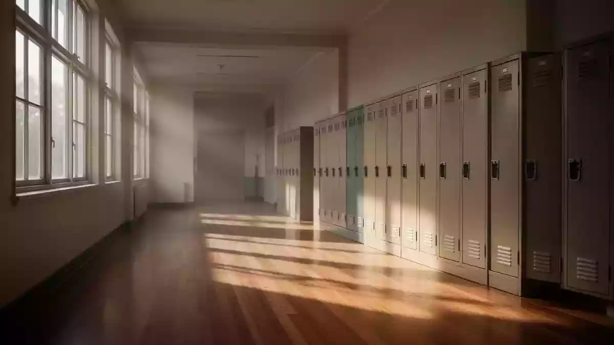 Ein leerer, sonnendurchfluteter Schulflur mit schlichten Schließfächern und langen Schatten auf dem Boden. Illustration mit AI erstellt.