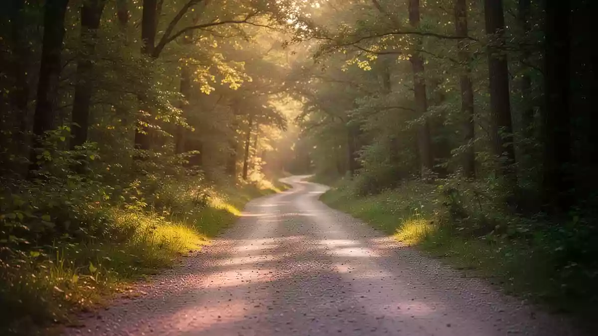 Ein leerer Waldweg im Sonnenlicht, der zu Bewegung im Freien anregt. Illustration mit AI erstellt.