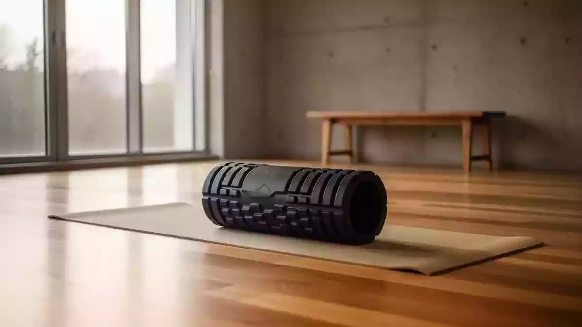 Eine saubere, minimalistische Trainingsumgebung mit einer Faszienrolle auf einer Yogamatte in einem lichtdurchfluteten Raum. Illustration mit AI erstellt.