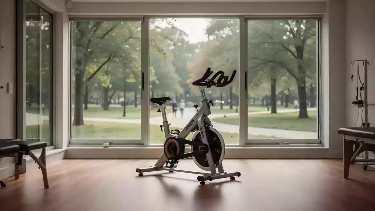Ein stationäres Ergometer in einem hellen, modernen Physiotherapieraum mit Blick ins Grüne. Illustration mit AI erstellt.