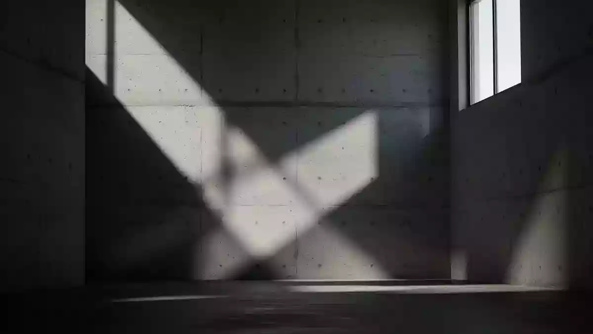 Abstrakte architektonische Schatten auf einer strukturierten Betonwand in einem minimalistischen Raum. Illustration mit AI erstellt.