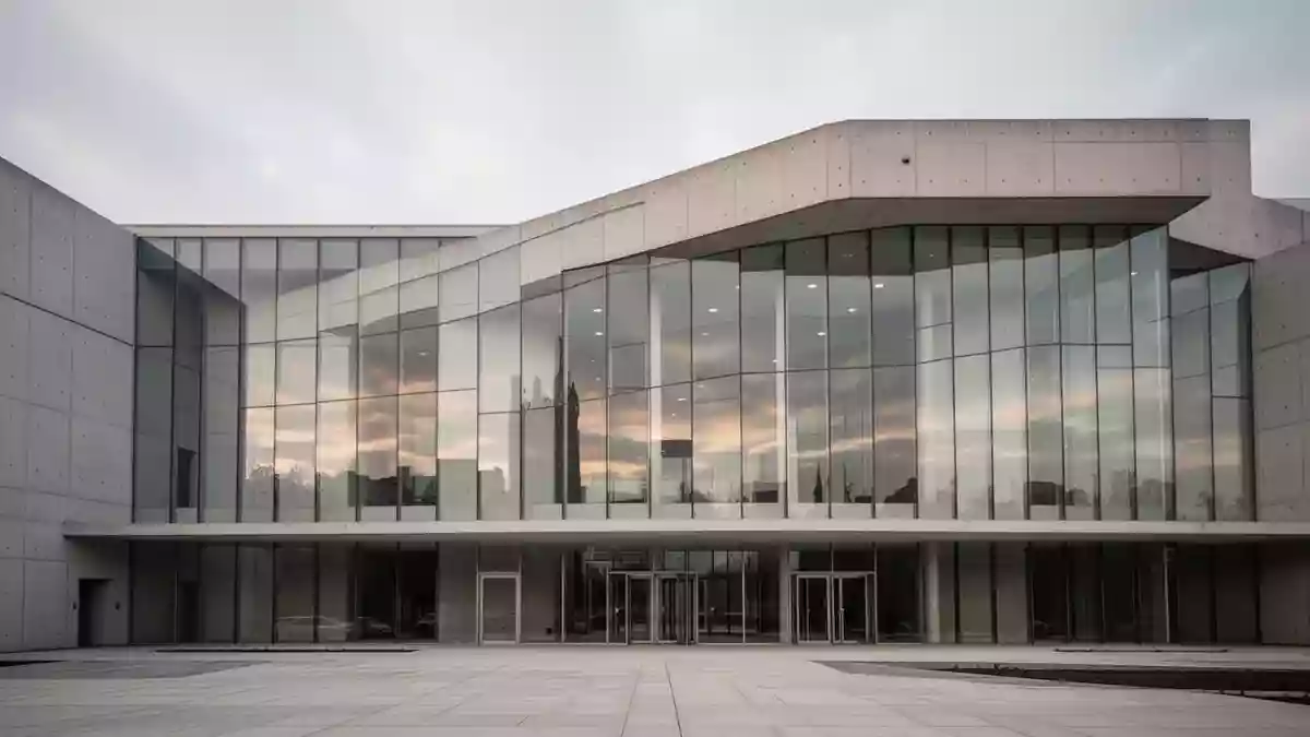 Die moderne Fassade eines Regierungsgebäudes aus Glas und Beton bei bewölktem Himmel. Illustration mit AI erstellt.