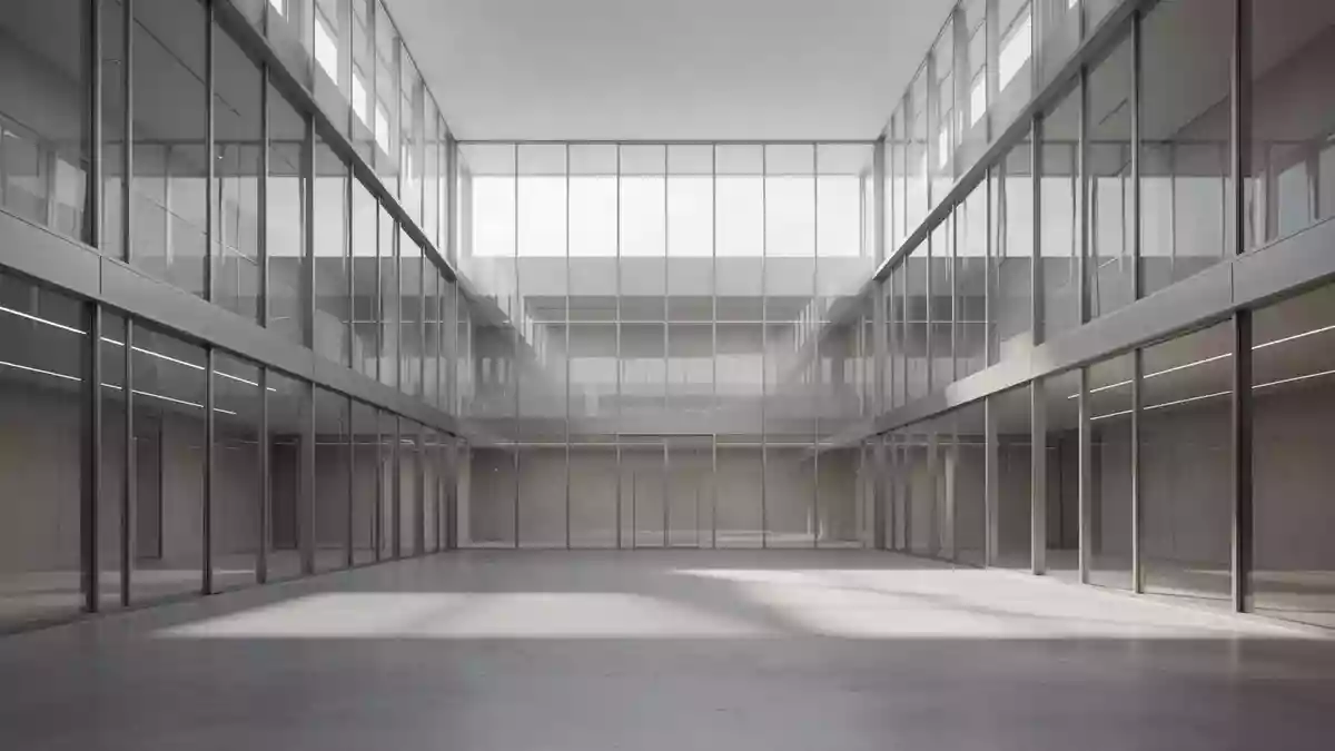 Moderne, minimalistische Architektur in einem hellen Atrium mit klaren Linien und natürlichem Lichteinfall. Illustration mit AI erstellt.