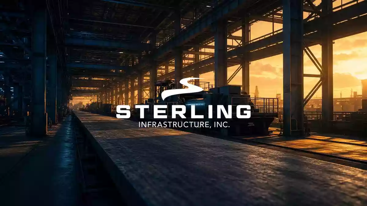 Moderne Baustelle bei Sonnenuntergang mit Stahlträgern und Baumaschinen vor einem klaren Himmel. Illustration mit AI erstellt.