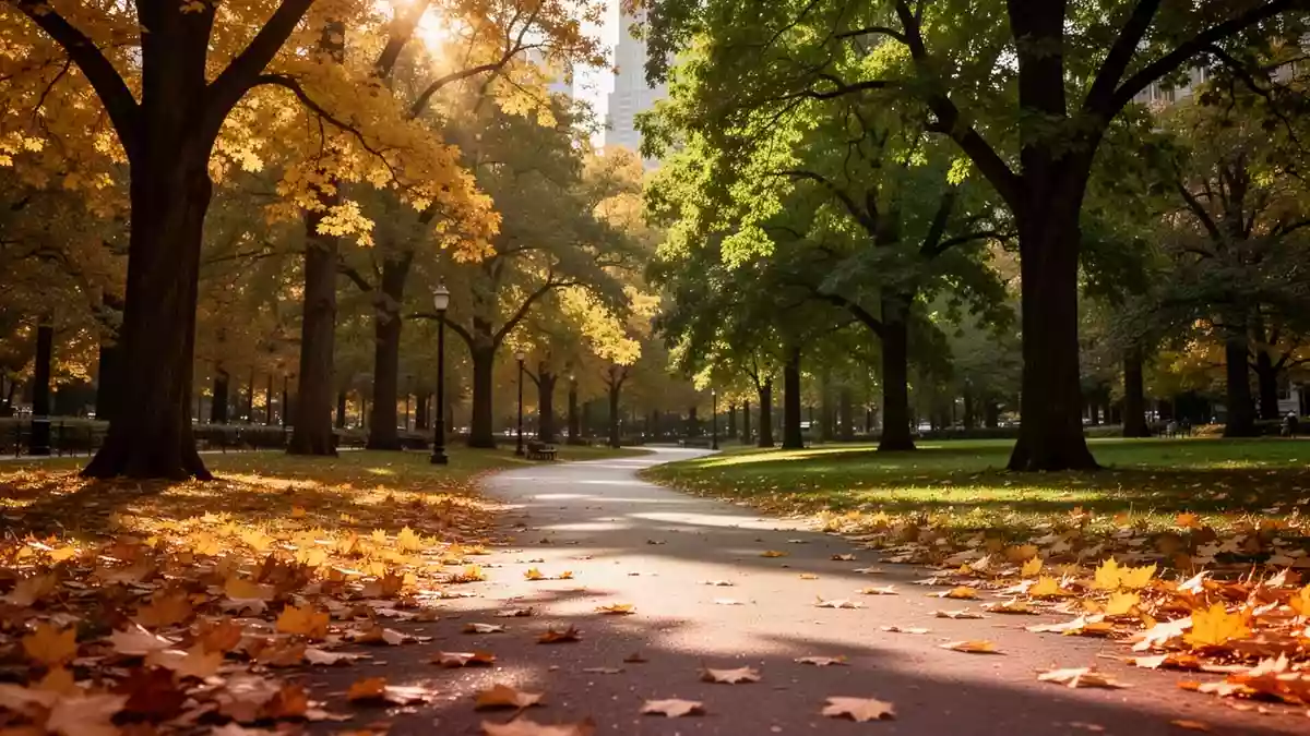 Ein sonnendurchfluteter Weg durch einen Stadtpark mit herbstlichem Laub und Bäumen im Hintergrund. Illustration mit AI erstellt.