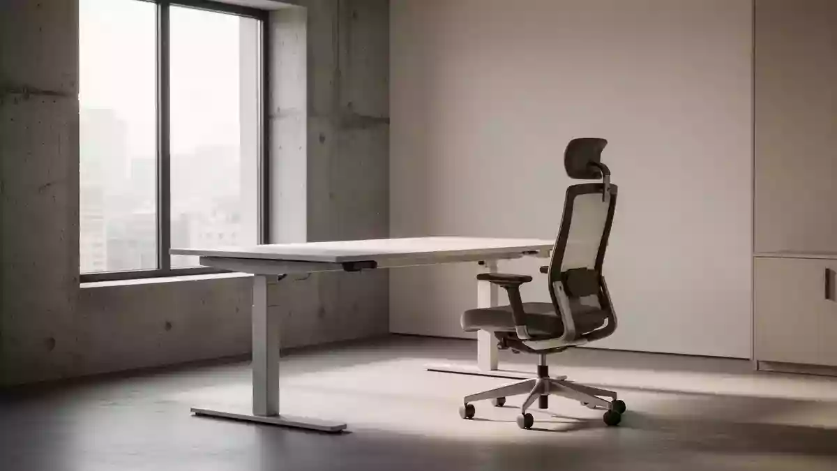Ein minimalistischer, ergonomischer Arbeitsplatz mit einem höhenverstellbaren Schreibtisch und einem Bürostuhl in einem hellen Raum. Illustration mit AI erstellt.