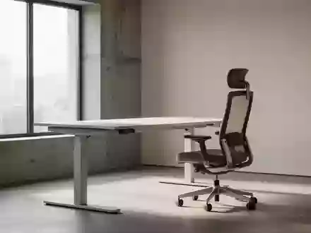 Ein minimalistischer, ergonomischer Arbeitsplatz mit einem höhenverstellbaren Schreibtisch und einem Bürostuhl in einem hellen Raum. - Foto: über boerse-global.de