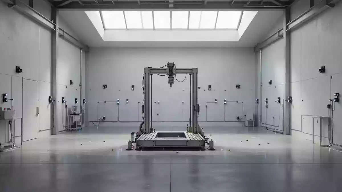 Ein minimalistisches, leeres Industrielabor mit polierten Betonböden und diffusem Tageslicht, das durch ein hohes Fenster fällt. Illustration mit AI erstellt.