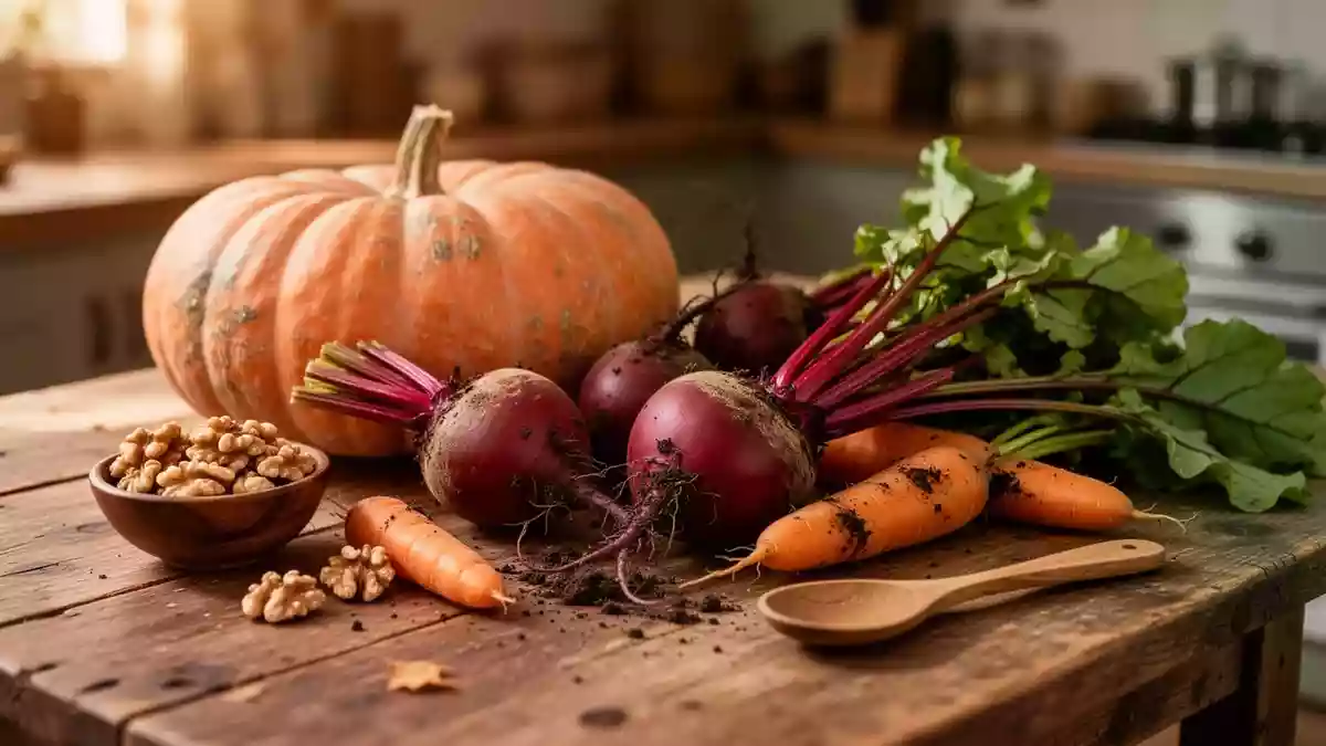 Ein rustikaler Holztisch mit frischem, saisonalem Herbstgemüse wie Kürbis, Rote Bete und Walnüssen in warmem Tageslicht. Illustration mit AI erstellt.