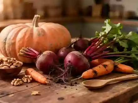 Ein rustikaler Holztisch mit frischem, saisonalem Herbstgemüse wie Kürbis, Rote Bete und Walnüssen in warmem Tageslicht. - Foto: über boerse-global.de