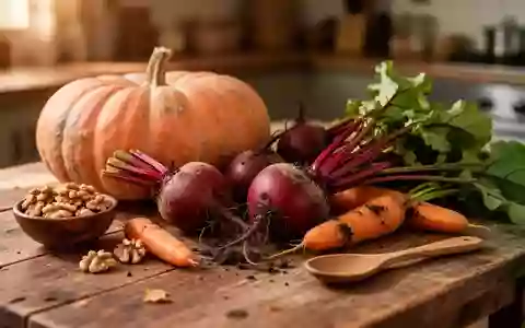 Ein rustikaler Holztisch mit frischem, saisonalem Herbstgemüse wie Kürbis, Rote Bete und Walnüssen in warmem Tageslicht. - Foto: über boerse-global.de